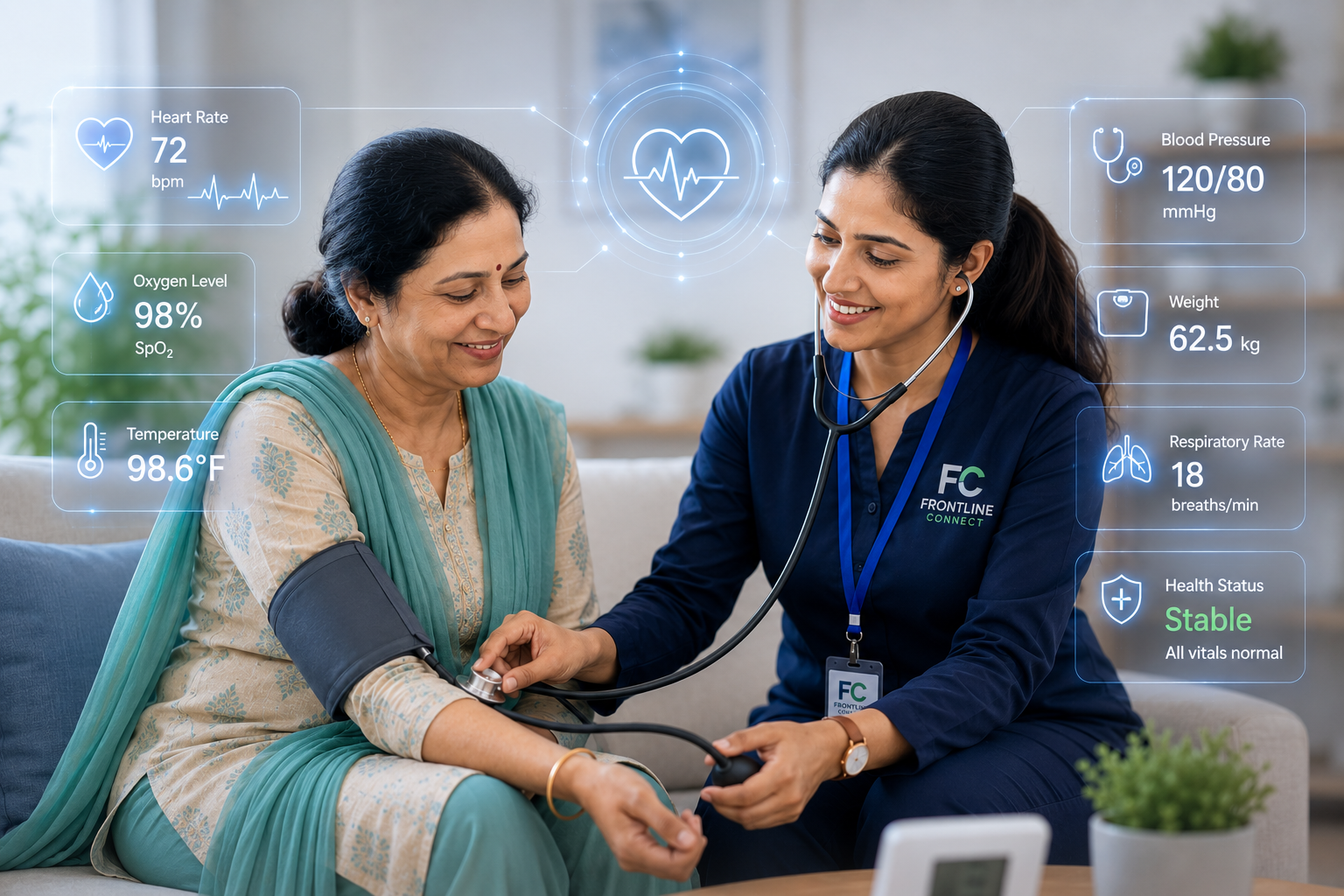 Frontline Connect coordinator taking blood pressure of elderly parent with health vitals displayed